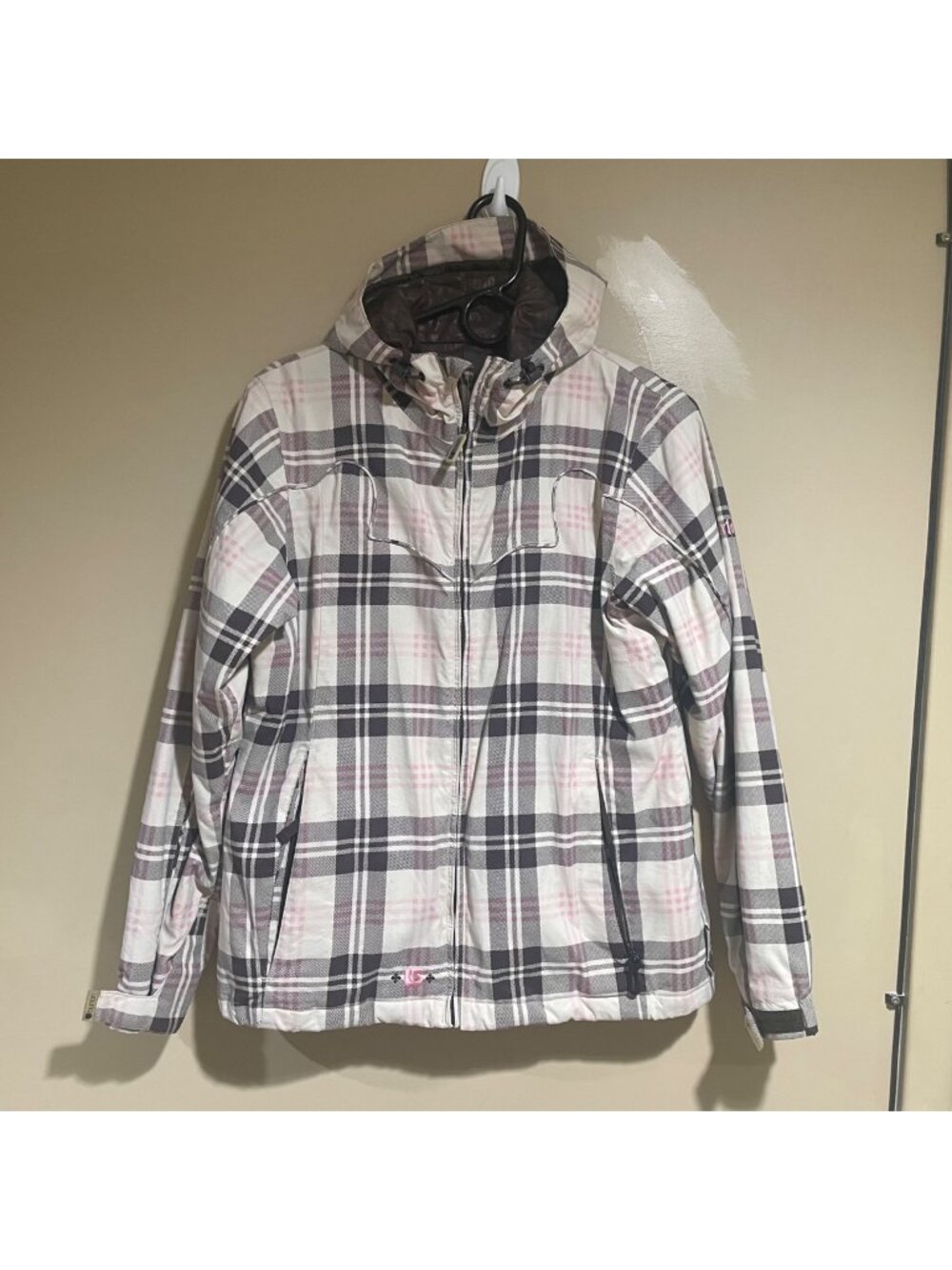 Burton Women’s Plaid Hooded Puffer Jacket in cream/beige base - Gray, Pink plaid